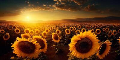 das Feld von Sonnenblumen und Sonnenuntergang mit ai generiert. foto