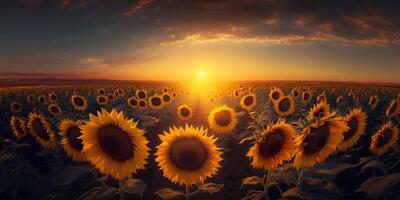 das Feld von Sonnenblumen und Sonnenuntergang mit ai generiert. foto