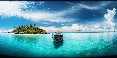 das Landschaft von tropisch Meer und Insel mit ein Boot und ai generiert. foto