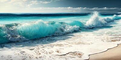 das tropisch Seelandschaft mit Meer Welle zu das Strand mit ai generiert. foto