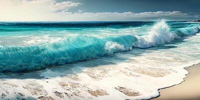 das tropisch Seelandschaft mit Meer Welle zu das Strand mit ai generiert. foto