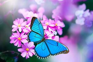 das Schmetterling ist Sammeln Nektar von das violett Blumen mit ai generiert. foto