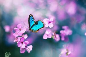 das Schmetterling ist Sammeln Nektar von das violett Blumen mit ai generiert. foto