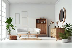Zuhause Attrappe, Lehrmodell, Simulation, Weiß Zimmer mit natürlich hölzern Möbel. . ai generiert foto