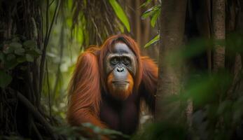 Orang-Utan im ein tropisch Regenwald Erhaltung Bereich ,Borneo endemisch Primaten ,generativ ai foto