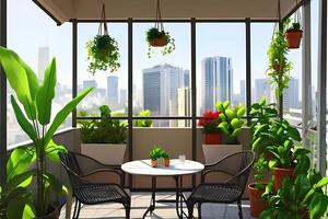 ai generativ ein Balkon mit Pflanzen und ein Stadt Aussicht foto