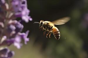 ai generiert Nahansicht Aussicht von Honig Biene auf das Tisch, im ein Flug und auf Bienenwabe. nützlich Insekt foto