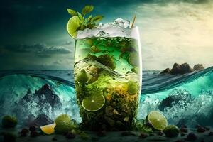 ai generiert nass Glas von frisch cool kalt Mohito Cocktail auf das Tabelle beim Strand beim Sommer- Zeit. abstrakt surreal Magie Cocktail im Raum oder andere Planet mögen Mars. unter Wasser Ozean Getränk. foto