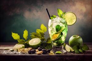 ai generiert nass Glas von frisch cool kalt Mohito Cocktail auf das Tabelle beim Strand beim Sommer- Zeit. abstrakt surreal Magie Cocktail im Raum oder andere Planet mögen Mars. unter Wasser Ozean Getränk. foto