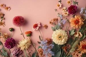 festlich Blumen- Komposition. Blumen auf hell farbig Hintergrund. generativ ai foto