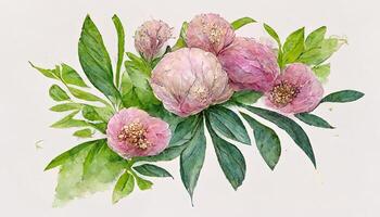 elegant Strauß von Aquarell Blumen, Rosen, Hortensien, Chrysantheme und Eukalyptus Blätter. generativ ai foto