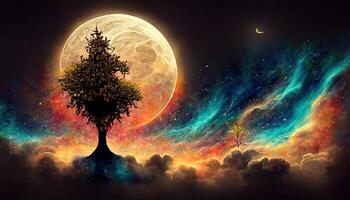 das Baum im das Nacht Himmel, 3d Illustration, 3d Grafik, 3d Wiedergabe, detailliert, farbig. generativ ai foto