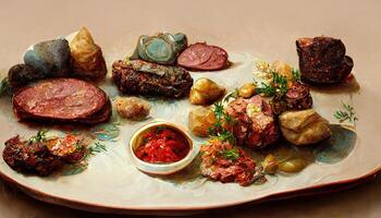 Fleisch Teller, Platten von verschiedene Fleisch. generativ ai foto