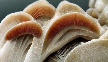 Bündel von frisch Auster Pilze Nahaufnahme. Vegetarier Essen, gesund Pilz schließen hoch. generativ ai foto