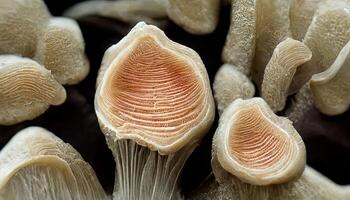 schließen oben von Kiemen von Auster Pilz, Pleurotus Ostreatus. generativ ai foto