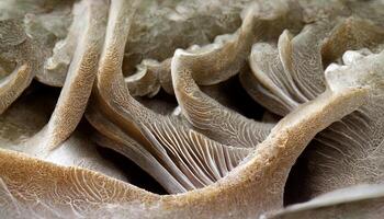schließen oben von Kiemen von Auster Pilz, Pleurotus Ostreatus. generativ ai foto