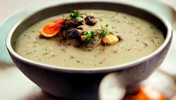 würzig Pilz Suppe mit frisch Dill im ein Schüssel und Toast Nahansicht. generativ ai foto