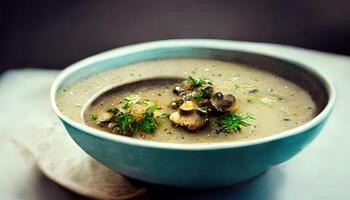 ein Schüssel von cremig Pilz Suppe. generativ ai foto