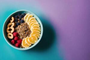 gesund Frühstück. Haferflocken mit Beeren und Nüsse im ein Blau Schüssel auf ein bunt Hintergrund. generativ ai foto