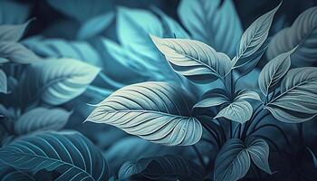 zart Pastell- Blau Blätter von Urwald Pflanzen. Blumen- tropisch Muster zum Hintergrund. ai generativ foto