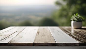 leeren Tabelle oben und verschwommen Landschaft. spotten oben zum Anzeige oder Montage von Produkt. ai generativ foto