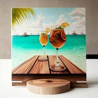 Cocktails mit Blick auf das Meer. das gemalt Bild auf Segeltuch steht auf ein hölzern Stand. generativ ai foto