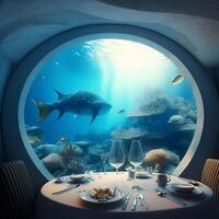 unter Wasser Meer Restaurant mit Meer Fisch Sicht. generativ ai foto