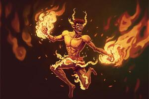Zeichnung von ein Mann mit Feuer Kommen aus von seine Hände. generativ ai. foto