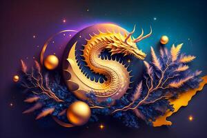 Urlaub Neu Jahr Poster mit Symbol von traditionell asiatisch Drachen mit Tanne Äste und Gold Neu Jahr Bälle auf lila Hintergrund. 2024 Chinesisch Neu Jahr Tierkreis Zeichen von Drachen. generativ ai foto