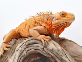 Studio Porträt von ein Orange Leguan auf ein Baum Ast. isoliert auf Weiß Hintergrund. ai generativ foto