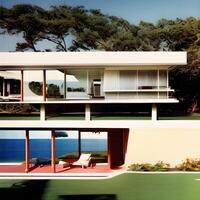 Mitte Jahrhundert modern Stil Haus mit Blick auf das Ozean generiert ai foto