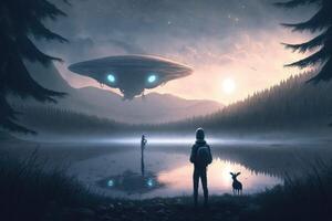 ai generiert UFO und Außerirdischer Konzept. ein unbekannt fliegend Objekt und freundlich außerirdisch Besucher. foto