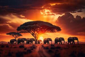 ai generiert majestätisch Savanne mit ein Herde von Elefanten Weiden lassen im das Entfernung und ein feurig Sonnenuntergang Himmel im das Hintergrund. foto