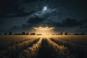 ai generiert das Ufos metallisch Oberfläche glänzte im das Mondlicht wie es schwebte schweigend über das Feld. foto