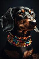 Porträt von ein süß schwarz und bräunen, langhaarig Dackel Hund mit ein Bandana oder Schal auf schwarz Studio Hintergrund. generativ ai Kunst. foto