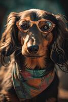 Porträt von ein süß schwarz und bräunen, langhaarig Dackel Hund mit retro Brille und ein Bandana oder Schal auf schwarz Studio Hintergrund. generativ ai Kunst. foto
