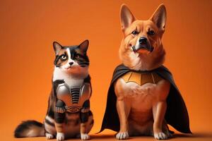 superpet Katze und Hund wie Superhelden mit Kap auf Orange Hintergrund. erstellt generativ ai foto