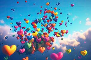 bunt Herz gestalten Ballon mit Blau Himmel. Valentinstag Tag Hintergrund mit Herz geformt Luftballons. generativ ai. foto