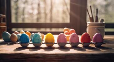 Reihe von bunt Ostern Eier auf hölzern Tabelle und Bokeh Hintergrund, Platz zum Typografie und Logo. rustikal hölzern Tisch. Ostern Thema. generativ ai. foto