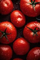 frisch Tomaten im Tropfen von Tau wie ein Hintergrund. generativ ai. foto