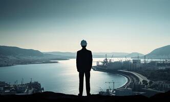 Silhouette von Ingenieur im Sicherheit Hut Stehen im Vorderseite von Off-Shore Öl Plattform Bahnhof, Energie Industrie. generativ ai. foto