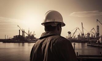 Silhouette von Ingenieur im Sicherheit Hut Stehen im Vorderseite von Off-Shore Öl Plattform Bahnhof, Energie Industrie. generativ ai. foto