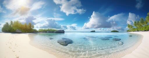 tropisch Paradies Strand mit Weiß Sand und Kokos Palmen Reise Tourismus breit Panorama Hintergrund Konzept. generativ ai. foto