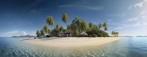 tropisch Paradies Strand mit Weiß Sand und Kokos Palmen Reise Tourismus breit Panorama Hintergrund Konzept. generativ ai. foto