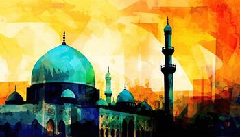 Wasser Farbe Gemälde Arabisch islamisch Typografie Design Mawlid al-nabawai al-Sharif Gruß Karte mit Kuppel und Minarett von das des Propheten Moschee. generativ ai foto