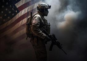 4 .. von Juli Konzept Porträt von ein Soldat im Vorderseite von ein Flagge von das USA. das Soldat mit das Gewehr im Vorderseite von ein Flagge. Porträt Soldat Stehen im Vorderseite von USA Flagge. nicht existent Person. generativ ai foto