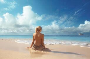 Porträt schön jung asiatisch Frau auf das Strand und entspannen Freizeit um Strand Meer Ozean im Reise Urlaub. generativ ai. foto