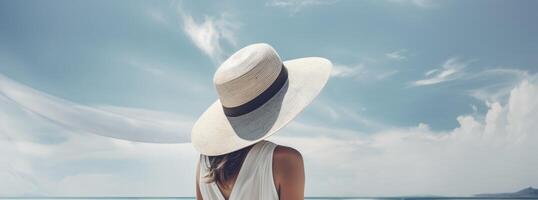 Porträt schön jung asiatisch Frau auf das Strand und entspannen Freizeit um Strand Meer Ozean im Reise Urlaub. generativ ai. foto