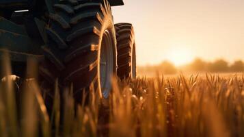 generativ ai, Nahansicht modern kombinieren Mähdrescher auf ein Weizen Feld, Bauernhof Landschaft, landwirtschaftlich schön Landschaft. Natur Illustration, fotorealistisch horizontal Banner. foto