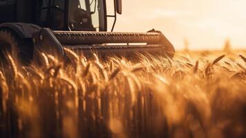 generativ ai, Nahansicht modern kombinieren Mähdrescher auf ein Weizen Feld, Bauernhof Landschaft, landwirtschaftlich schön Landschaft. Natur Illustration, fotorealistisch horizontal Banner. foto